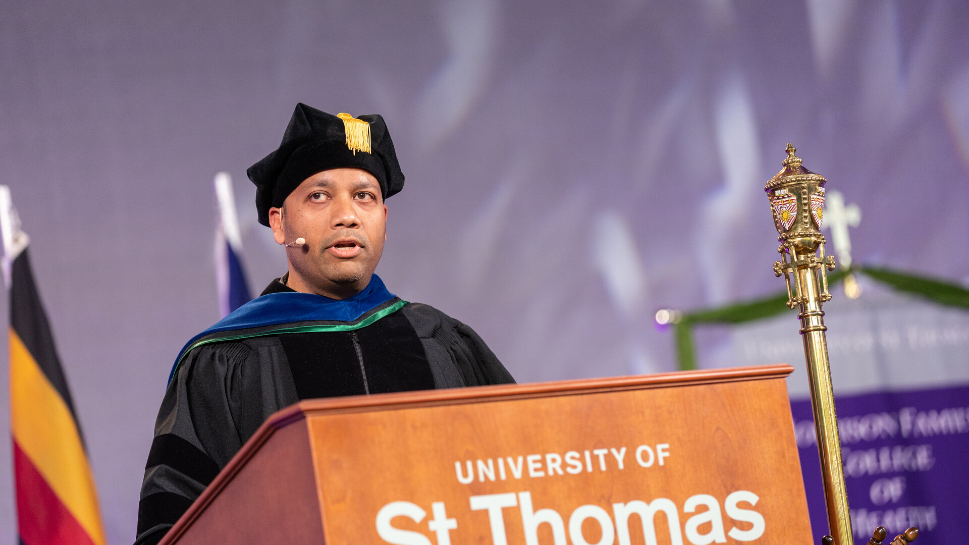 Dr. Manjeet Rege - Chair of the Software Engineering and Data Science department at St. Thomas in commencement regalia.