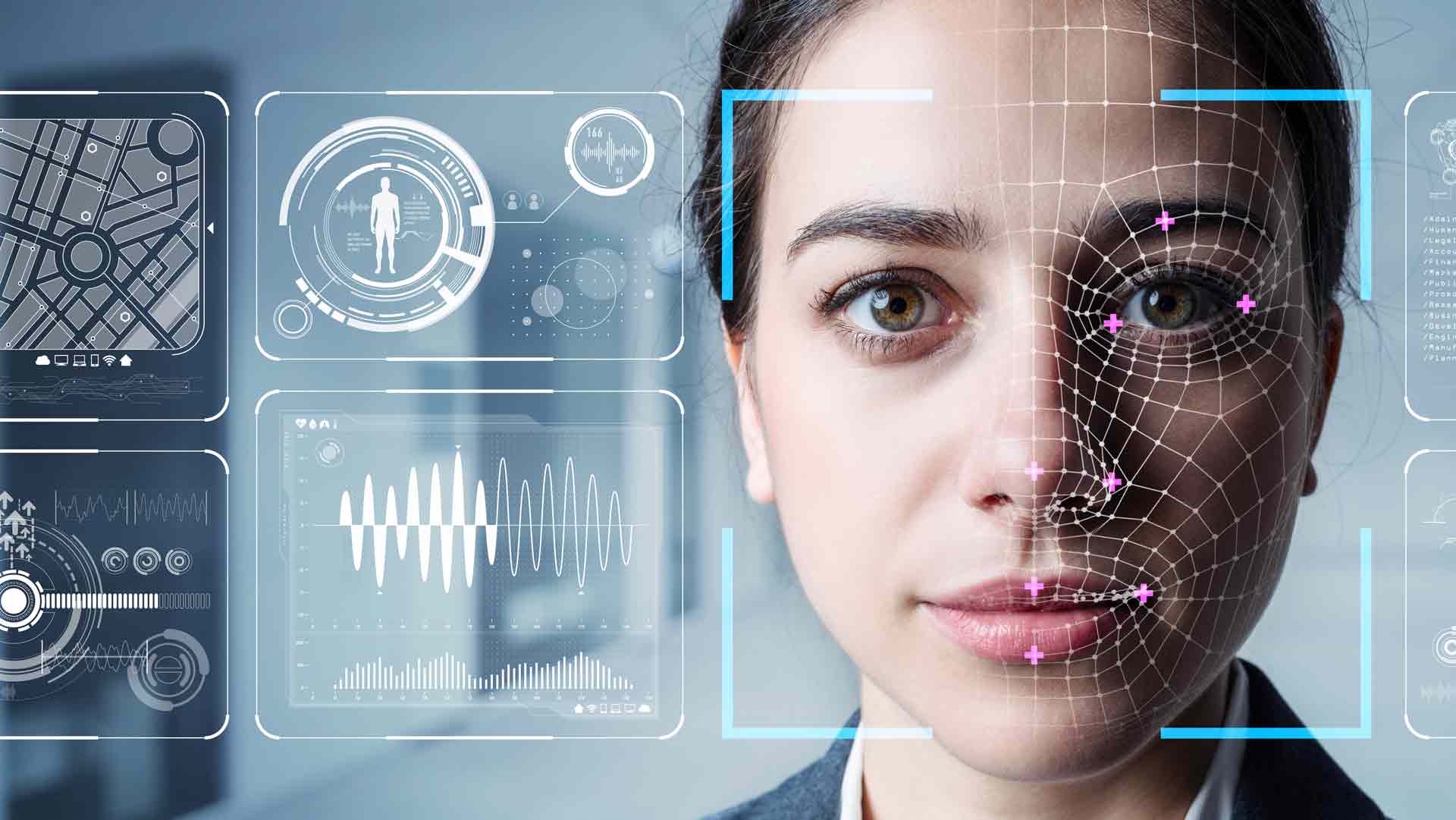 Woman looking into facial recognition.