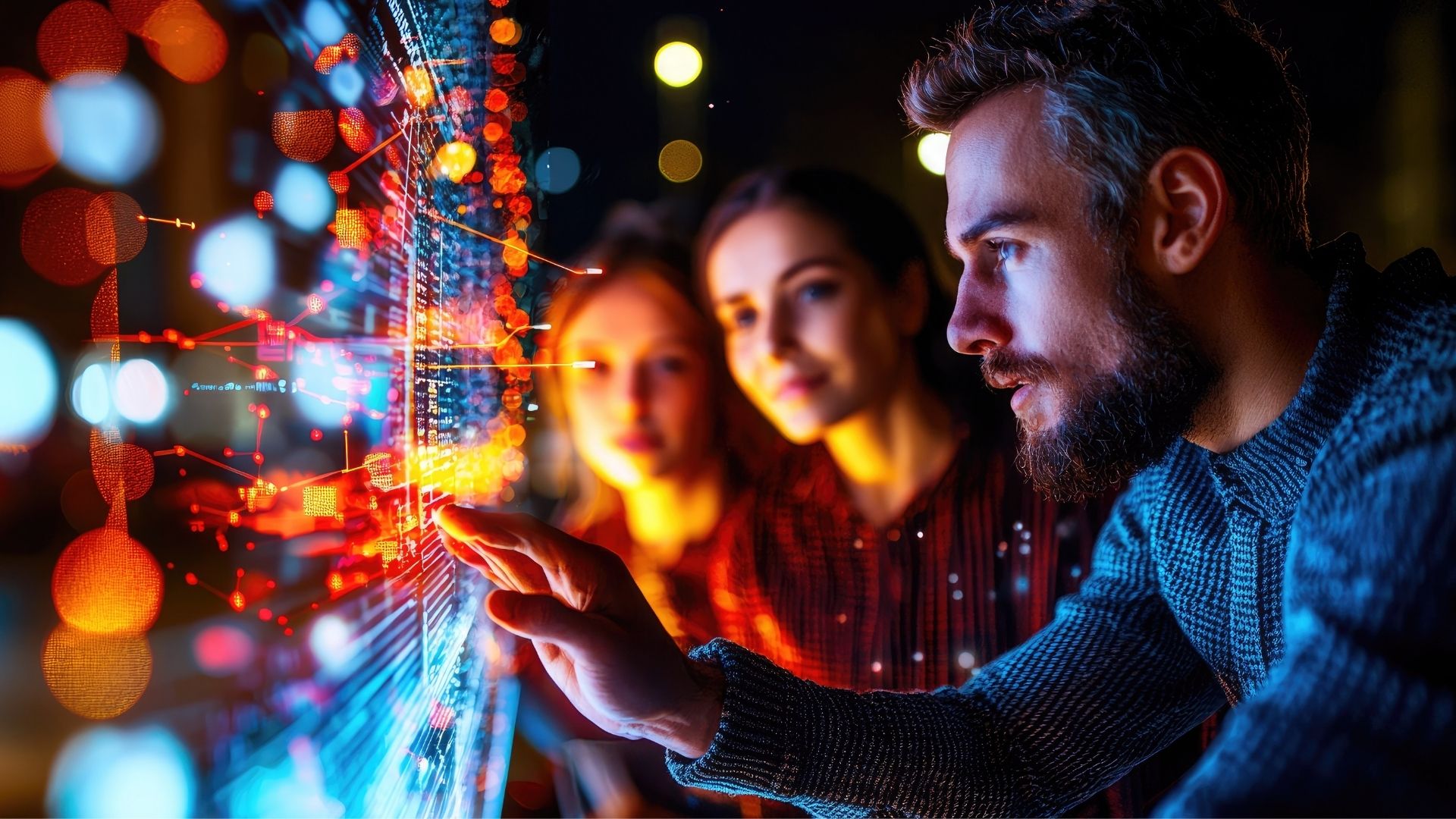 Group of men and women looking at a multicolored digital display with data points.