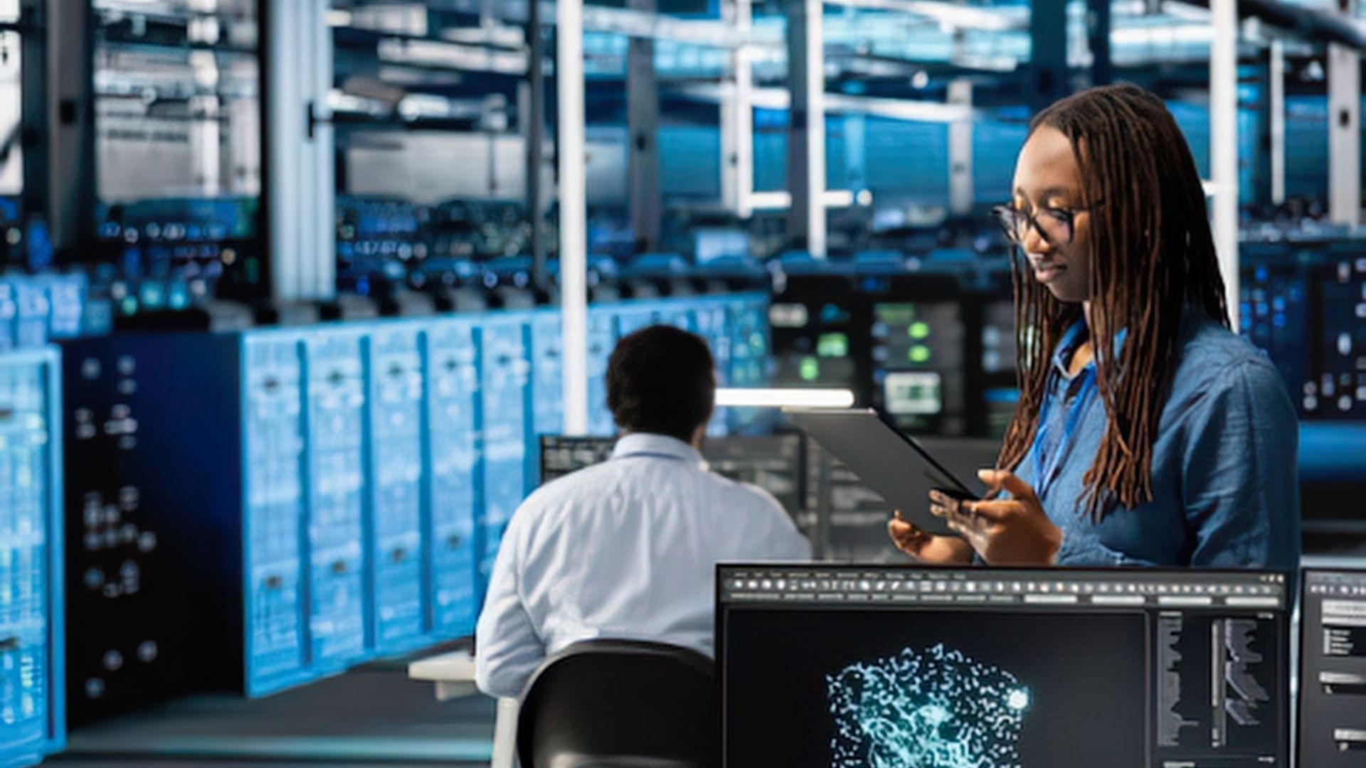 Worker reviews data on their device in a data center.