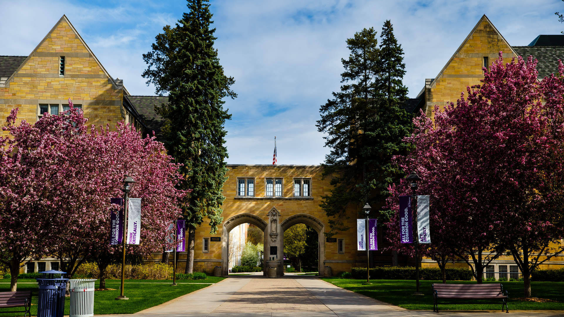 St. Thomas north campus outside with archway and trees in bloom