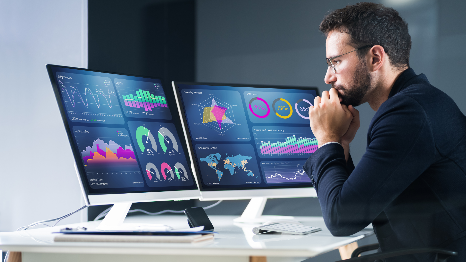man in front of multiple digital screen working on analytic software program